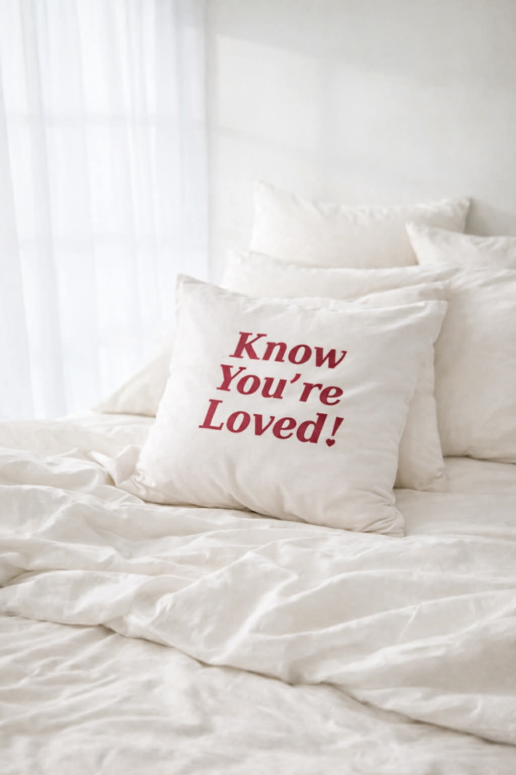 Know You're Loved! – Valkoinen satiinityynyliina 53×63 cm (taskulla)