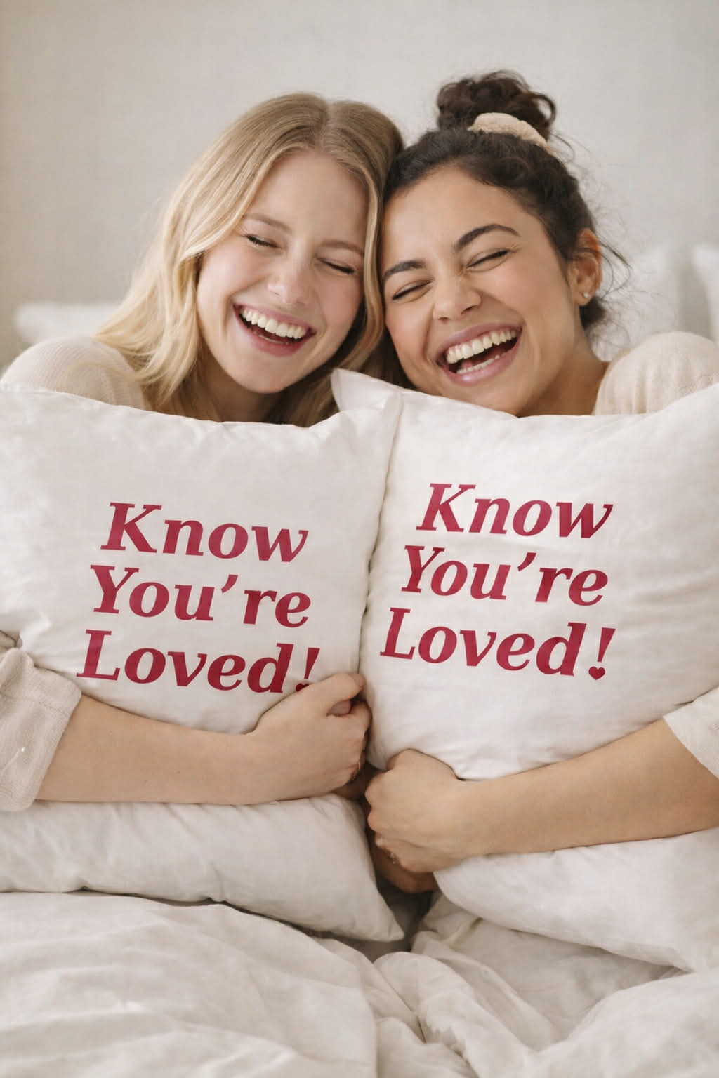 Know You're Loved! – Valkoinen satiinityynyliina 53×63 cm (taskulla)